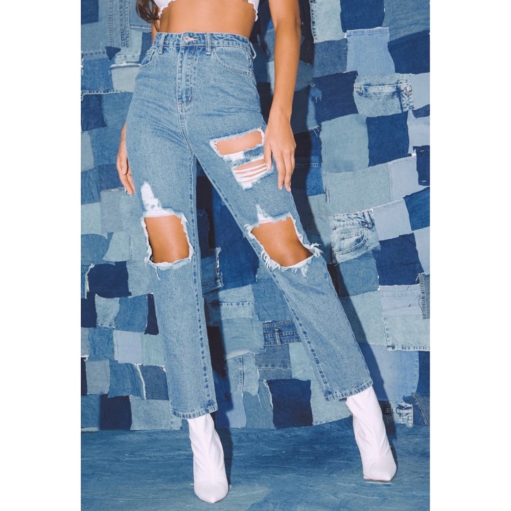 PLT | Factory Distressed Denim Straight Legged Thrashed High Rise Jeans